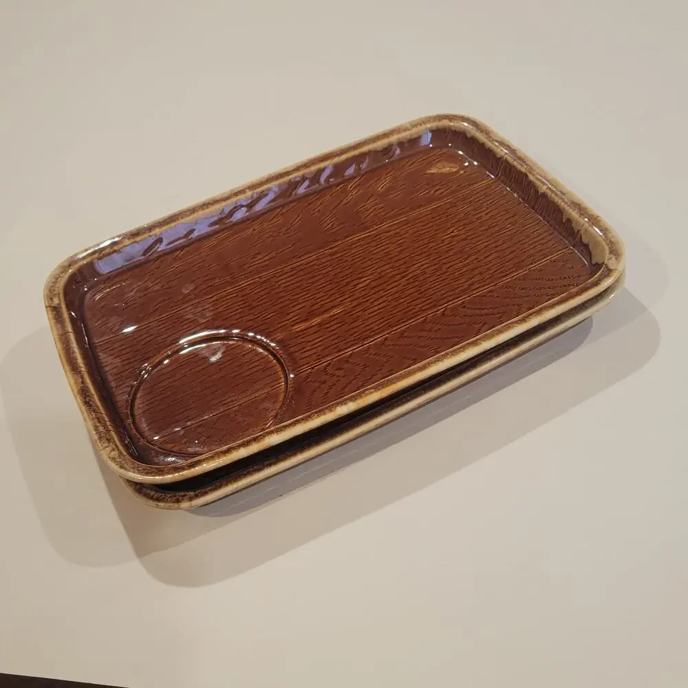Vintage Brown Ceramic Tray Plate with cut for Cup Holder Made in USA